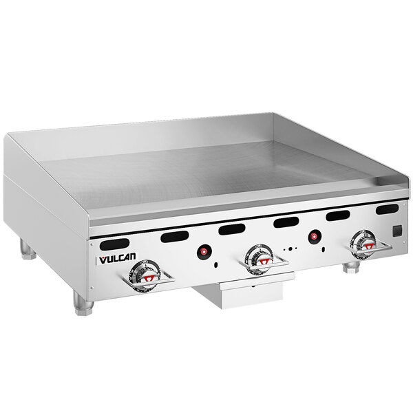 A Vulcan liquid propane countertop gas griddle with thermostatic controls.