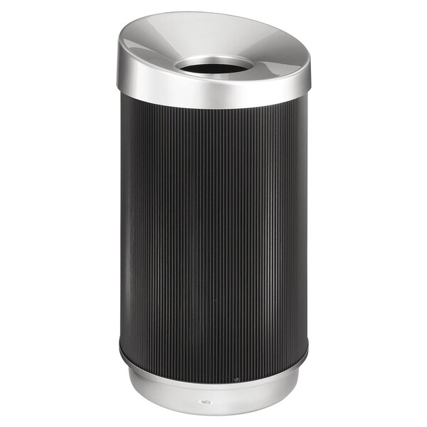 A black and silver round trash can with a chrome lid.