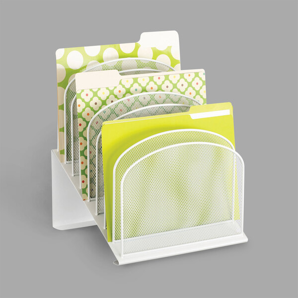 A white Safco Onyx mesh file holder with eight sections holding green file folders.