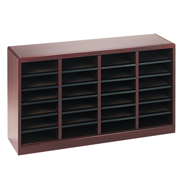 A Safco mahogany wood file organizer with black shelves.