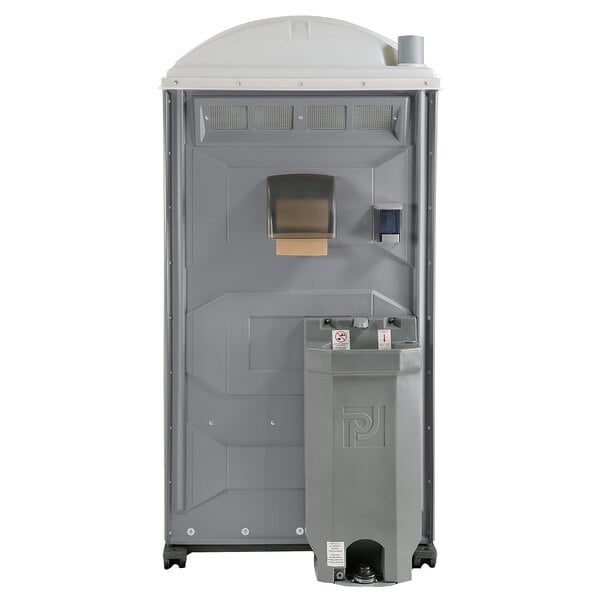 A grey PolyJohn portable restroom with a sink and paper towel dispenser.