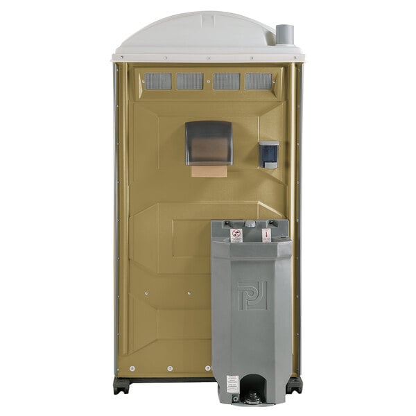 A PolyJohn portable toilet with a sink and soap dispenser inside.