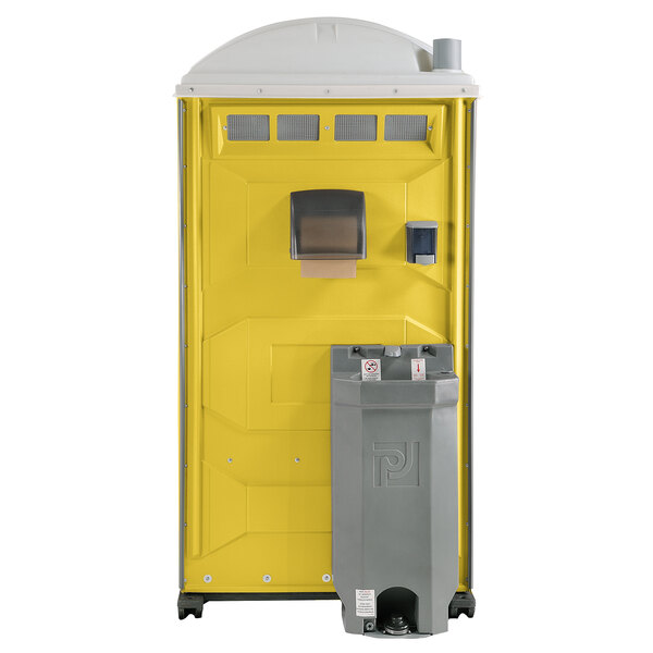 A yellow and grey PolyJohn portable toilet with a grey sink, soap, and towel dispenser.