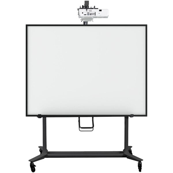 A white board on a black MasterVision mobile stand with a projector arm.