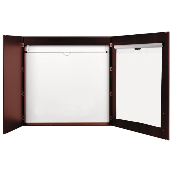 A brown cabinet with a white porcelain whiteboard inside.