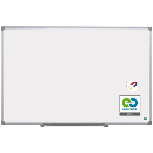 A MasterVision pure white porcelain magnetic dry erase board with a silver frame.