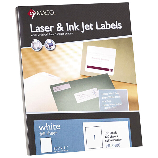 A white MACO laser / inkjet label sheet with the words "laser jet" on it.
