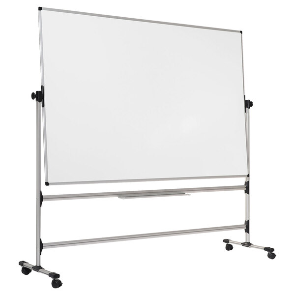 A MasterVision reversible dry erase board with a silver metal frame on wheels.