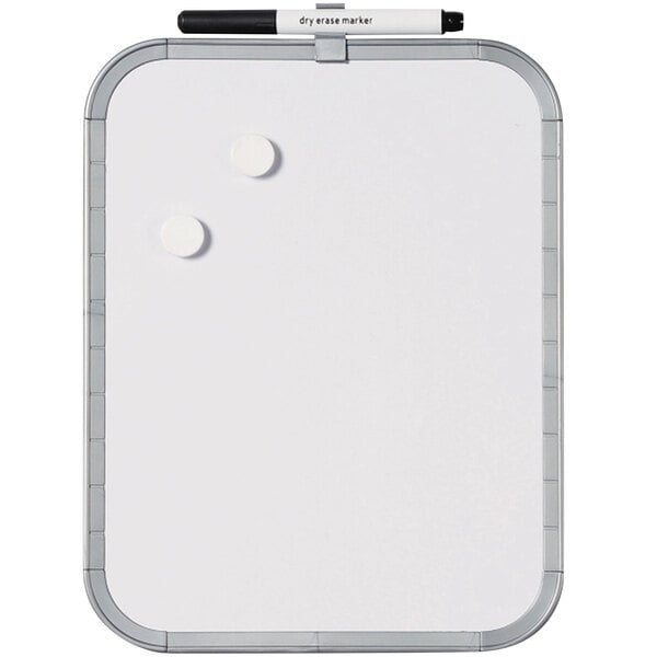 A MasterVision magnetic dry erase board with two white round objects on it.
