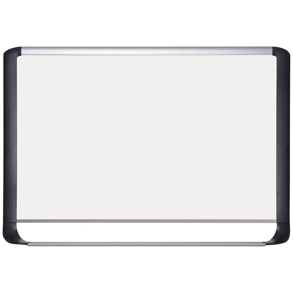 A MasterVision white board with a black frame and silver trim.