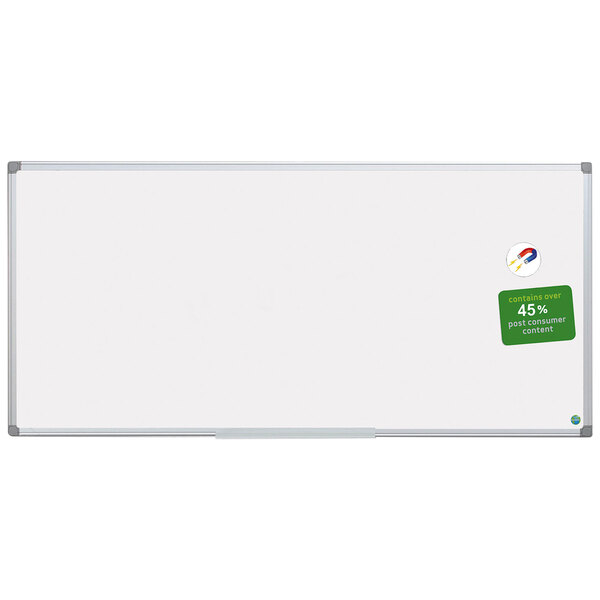 A white MasterVision magnetic dry erase board with a silver aluminum frame.