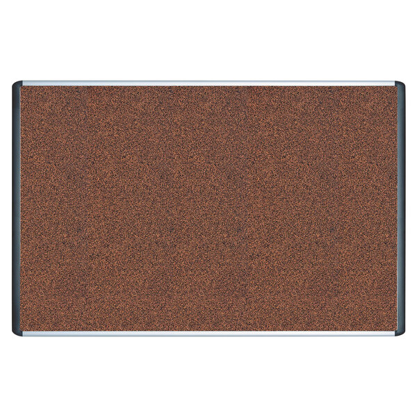 A brown cork board with a black aluminum frame.
