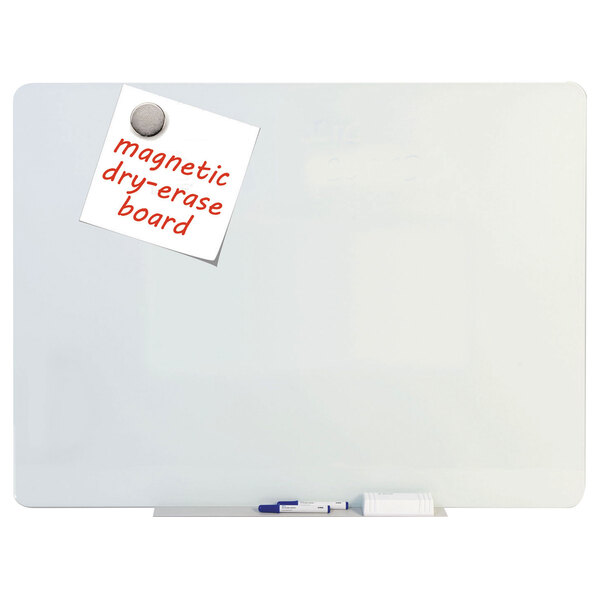 A white MasterVision magnetic glass dry erase board with a note attached.