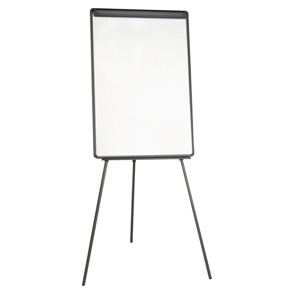 A white rectangular white board with a black frame on a tripod.