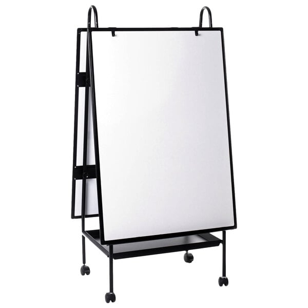 A white MasterVision dry erase board with black frame on a black stand.
