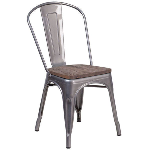 Flash Furniture XU-DG-TP001-WD-GG Clear Coated Stackable Metal Chair with Vertical Slat Back and Wood Seat