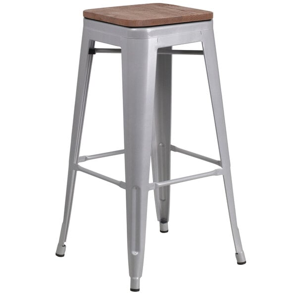 A silver Flash Furniture metal bar stool with a square wood seat.