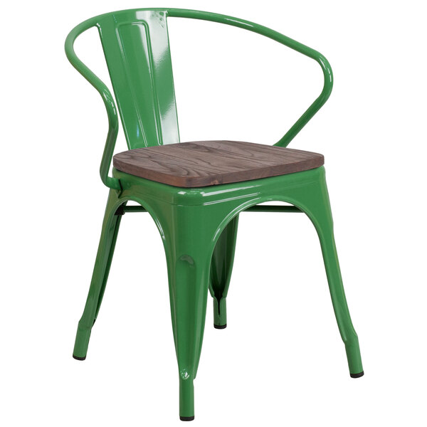 Flash Furniture CH-31270-GN-WD-GG Green Stackable Metal Chair with Arms, Vertical Slat Back, and Wood Seat