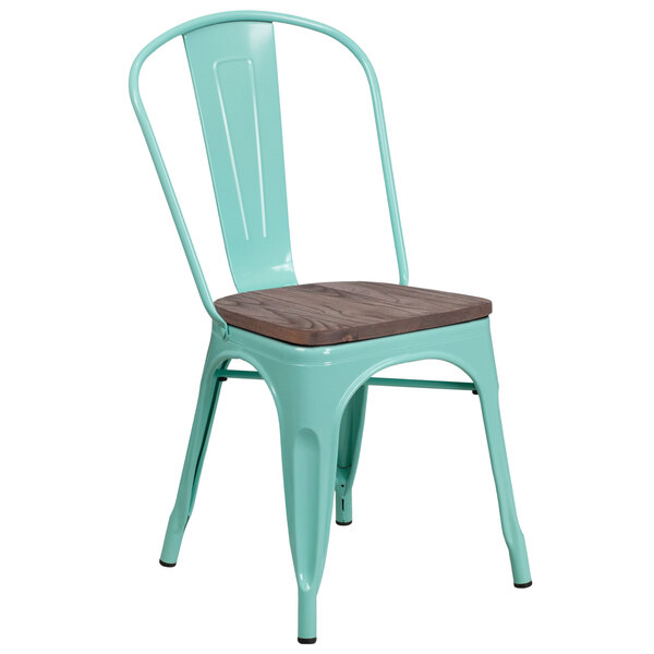 Flash Furniture ET-3534-MINT-WD-GG Mint Green Stackable Metal Chair with Vertical Slat Back and Wood Seat