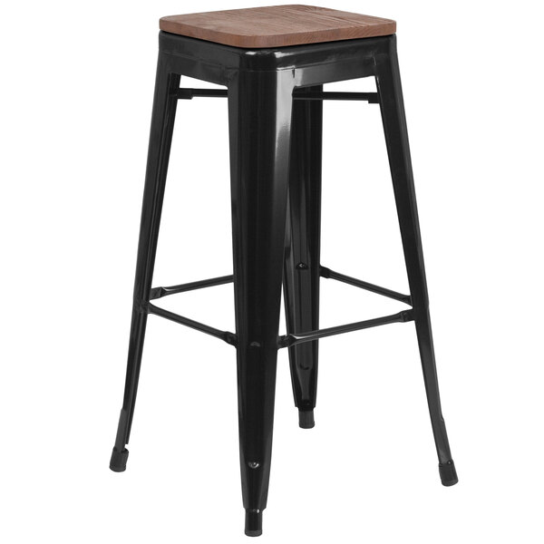 Flash Furniture CH-31320-30-BK-WD-GG 30" Black Stackable Metal Backless Bar Height Stool with Square Wood Seat