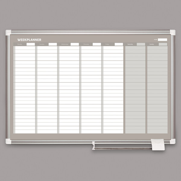A white rectangular MasterVision dry erase board with a grid of black lines for weekly planning.