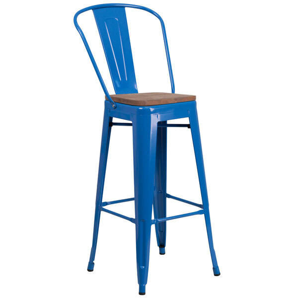 Flash Furniture CH-31320-30GB-BL-WD-GG 30" Blue Stackable Metal Bar Height Stool with Vertical Slat Back and Wood Seat