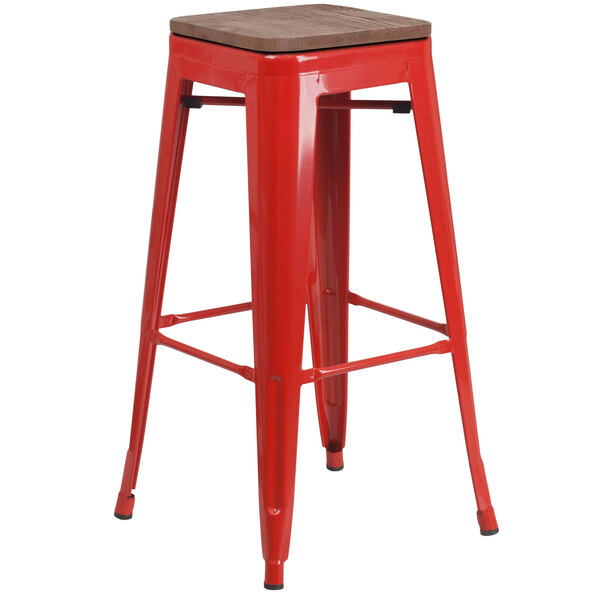 A red Flash Furniture bar stool with a square wooden seat.