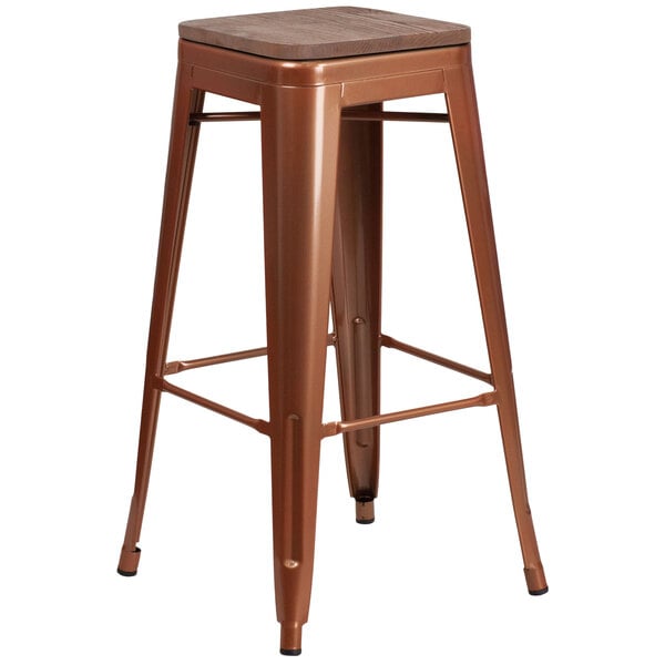 A Flash Furniture copper bar stool with a square wooden seat.
