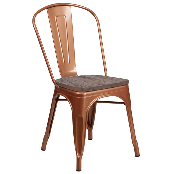A brown metal restaurant chair with a wood seat and a vertical slat back.