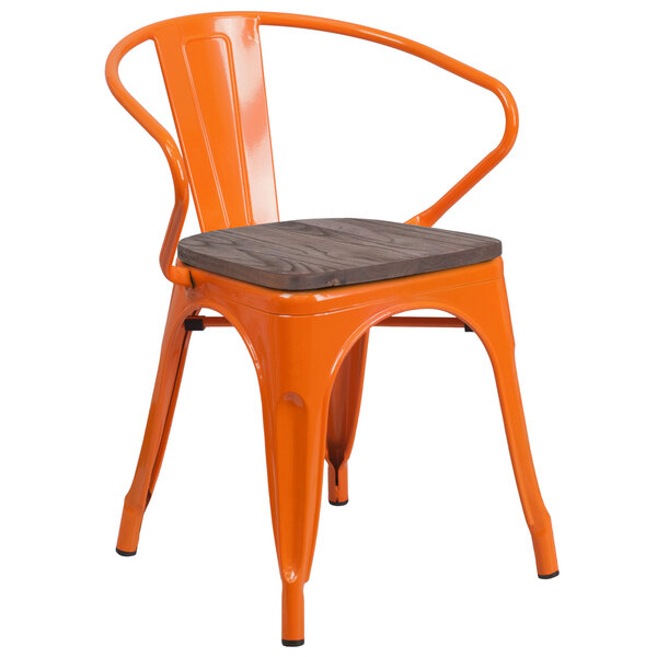 Flash Furniture CH-31270-OR-WD-GG Orange Stackable Metal Chair with Arms, Vertical Slat Back, and Wood Seat