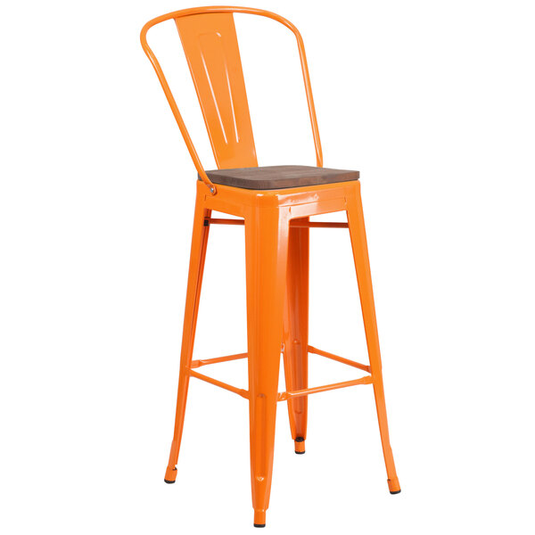 Flash Furniture CH-31320-30GB-OR-WD-GG 30" Orange Stackable Metal Bar Height Stool with Vertical Slat Back and Wood Seat