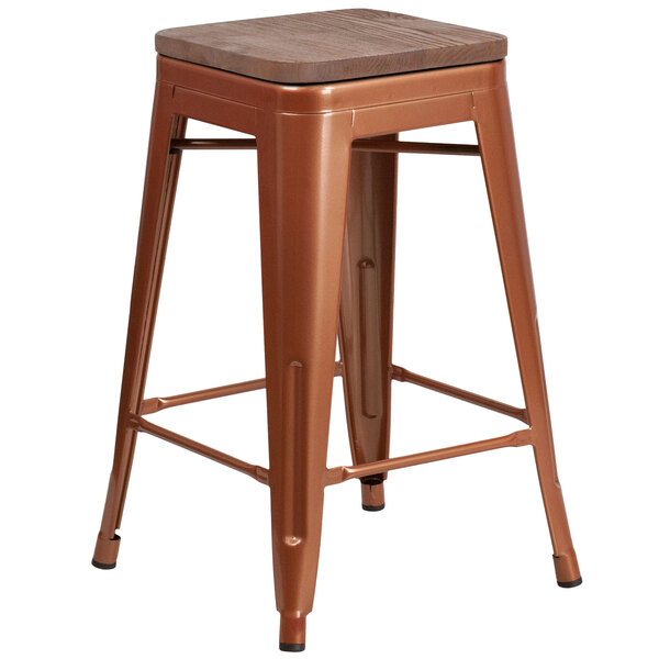 A Flash Furniture copper metal backless counter stool with a square wooden seat.