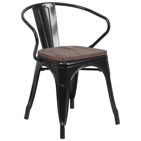 Flash Furniture CH-31270-BK-WD-GG Black Stackable Metal Chair with Arms, Vertical Slat Back, and Wood Seat
