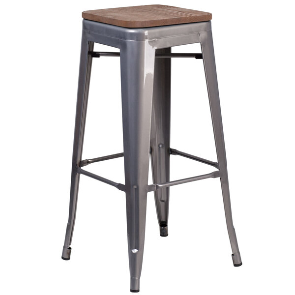 A Flash Furniture metal bar stool with a square wood seat.