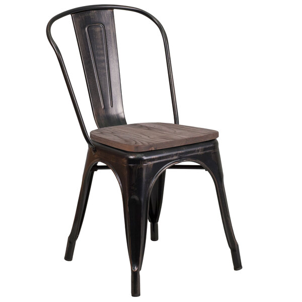 Flash Furniture CH-31230-BQ-WD-GG Black-Antique Gold Stackable Metal Chair with Vertical Slat Back and Wood Seat