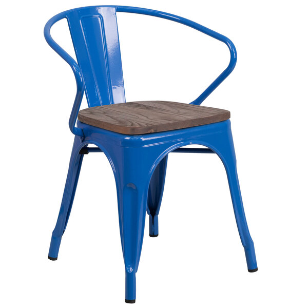 A blue Flash Furniture metal chair with a wooden seat.