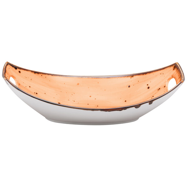 A Maize orange oval bowl with handles and a speckled surface.