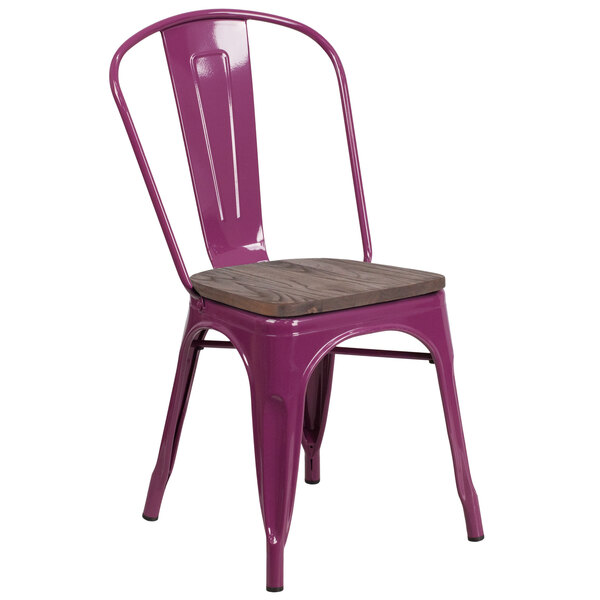 A purple Flash Furniture metal restaurant chair with a wooden seat and vertical slat back.