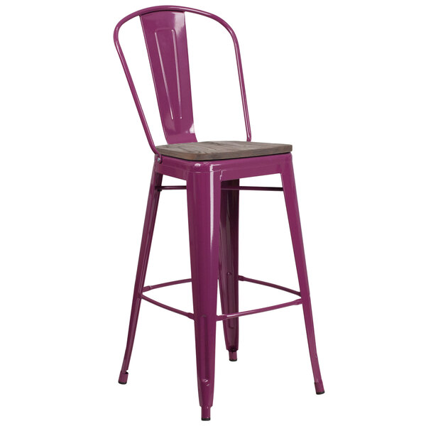 A purple metal Flash Furniture bar stool with a wooden seat and vertical slat back.