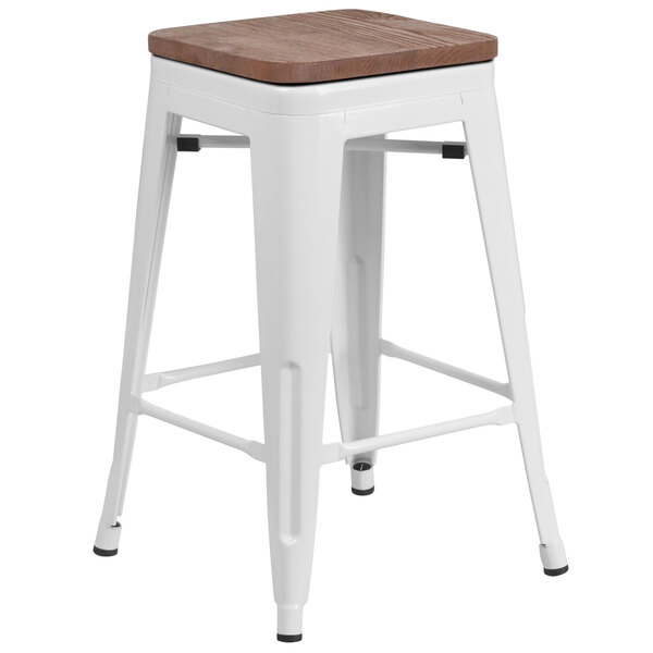 Flash Furniture CH-31320-24-WH-WD-GG 24" White Stackable Metal Backless Counter Height Stool with Square Wood Seat