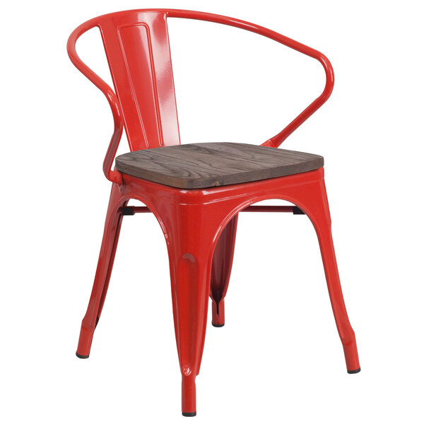 Flash Furniture CH-31270-RED-WD-GG Red Stackable Metal Chair with Arms, Vertical Slat Back, and Wood Seat