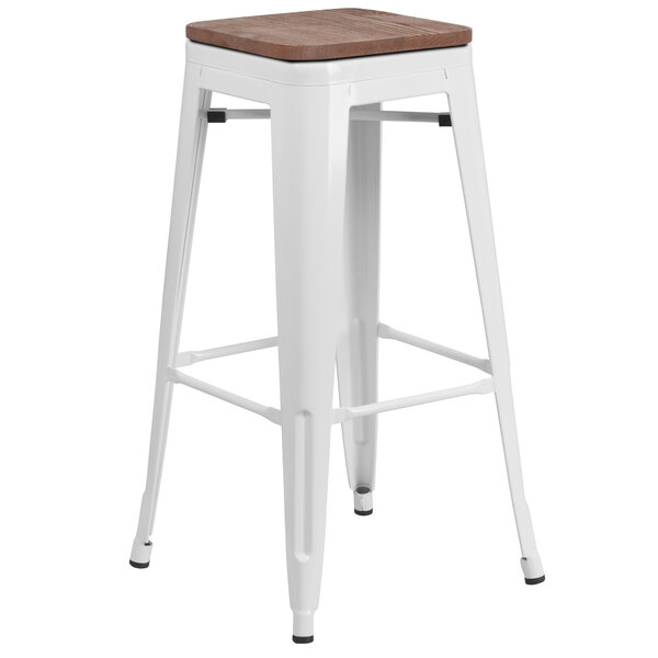 A white Flash Furniture bar stool with a square wooden seat.