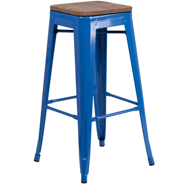 Flash Furniture CH-31320-30-BL-WD-GG 30" Blue Stackable Metal Backless Bar Height Stool with Square Wood Seat