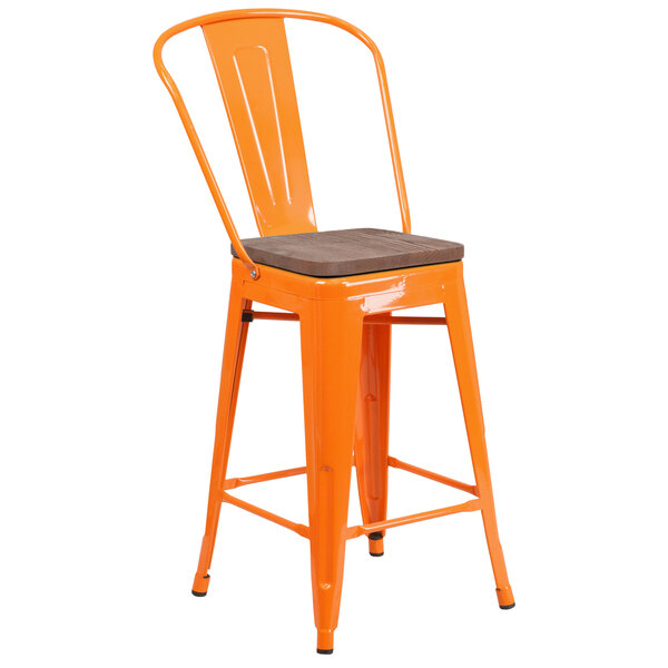 An orange metal Flash Furniture restaurant bar stool with a wooden seat.