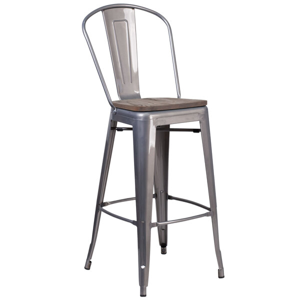 Flash Furniture XU-DG-TP001B-30-WD-GG 30" Clear Coated Metal Bar Height Stool with Vertical Slat Back and Square Wood Seat