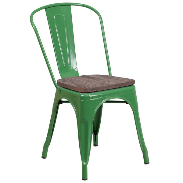 A Flash Furniture green metal restaurant chair with a wooden seat.