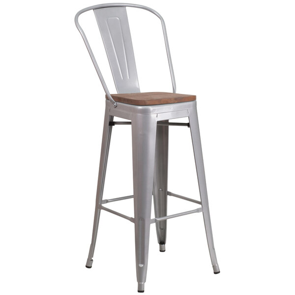 Flash Furniture CH-31320-30GB-SIL-WD-GG 30" Silver Stackable Metal Bar Height Stool with Vertical Slat Back and Wood Seat