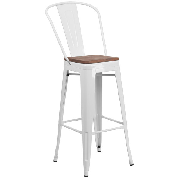 Flash Furniture CH-31320-30GB-WH-WD-GG 30" White Stackable Metal Bar Height Stool with Vertical Slat Back and Wood Seat