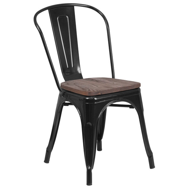 Flash Furniture CH-31230-BK-WD-GG Black Stackable Metal Chair with Vertical Slat Back and Wood Seat