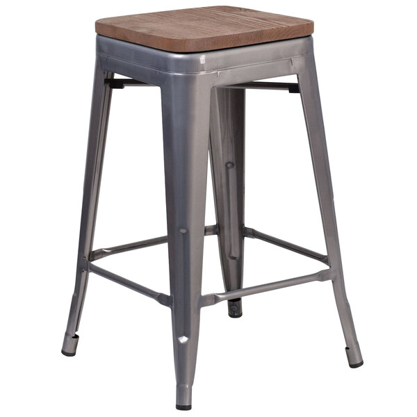 Flash Furniture XU-DG-TP0004-24-WD-GG 24" Clear Coated Stackable Metal Backless Counter Height Stool with Square Wood Seat
